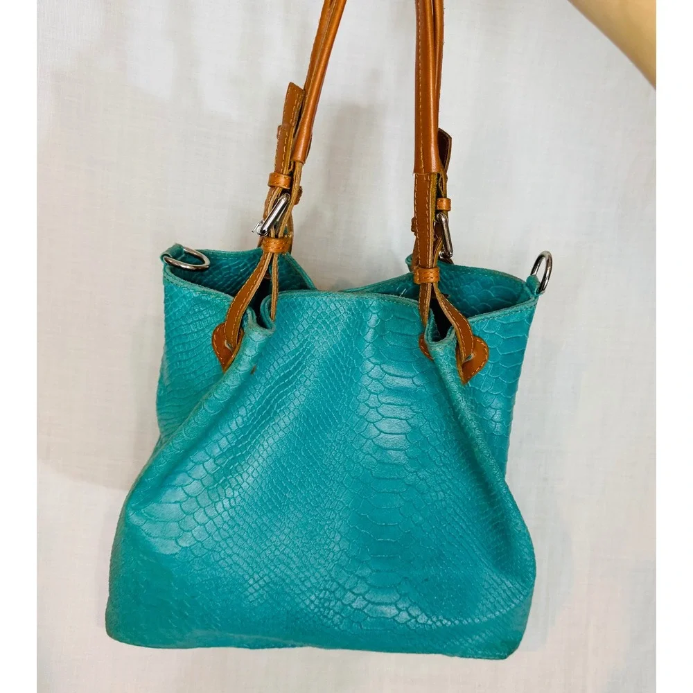 Borse in Pelle Italian Turquoise Snakeskin Embossed Leather Tote Shoulder Bag